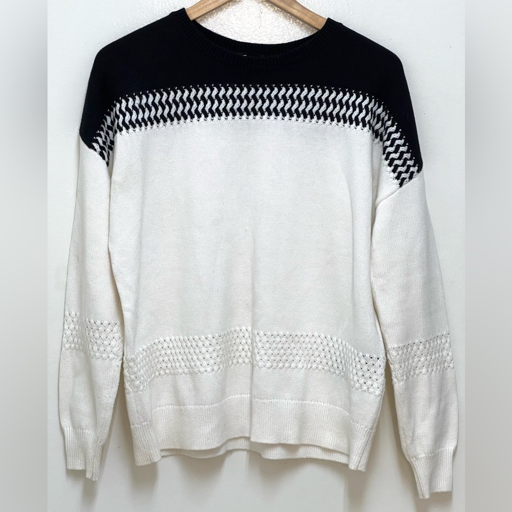 The Kooples Women's Black and White Crewneck Cotton Cashmere Sweater Size M